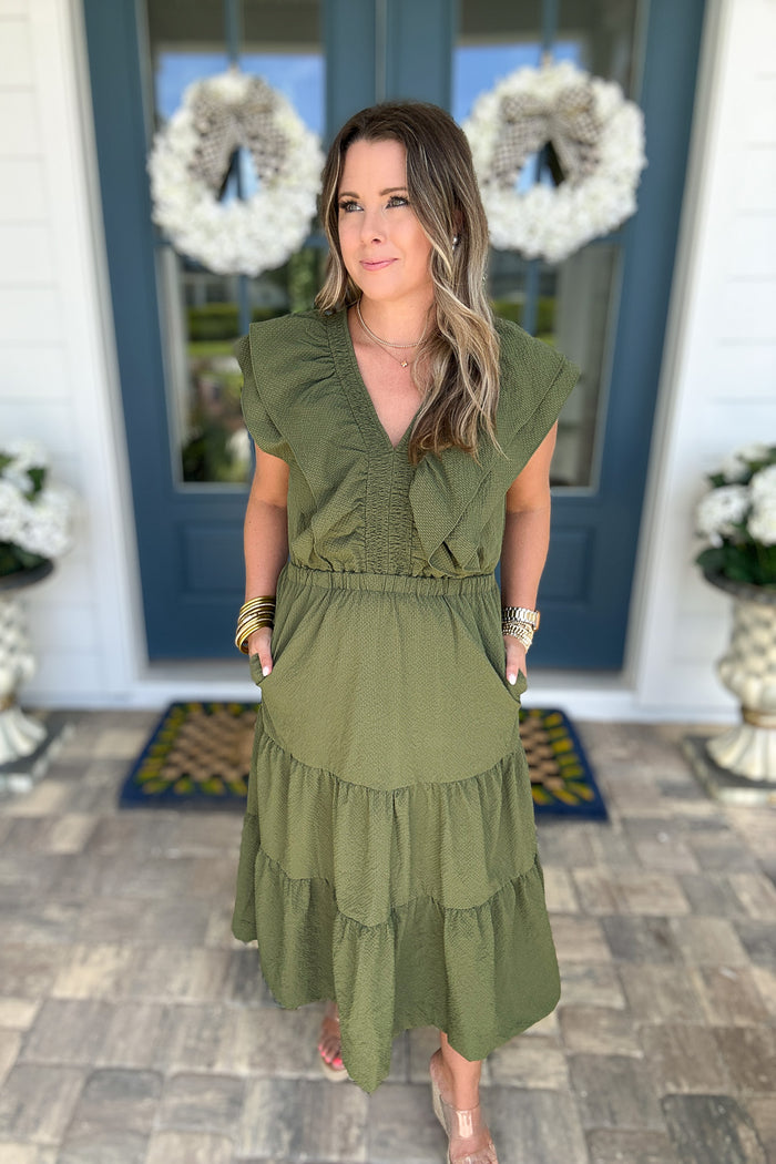 THML: Ruffle Dream Midi Dress - Hunter Green