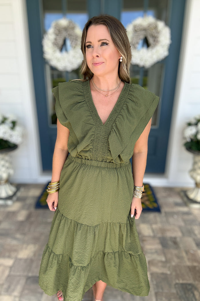 THML: Ruffle Dream Midi Dress - Hunter Green