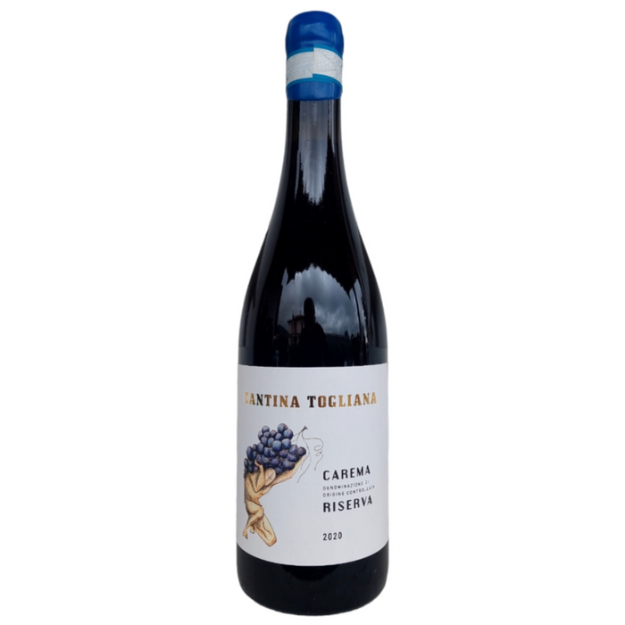 Dark glass wine bottle with blue foil top, Carema Reserve 2020 label