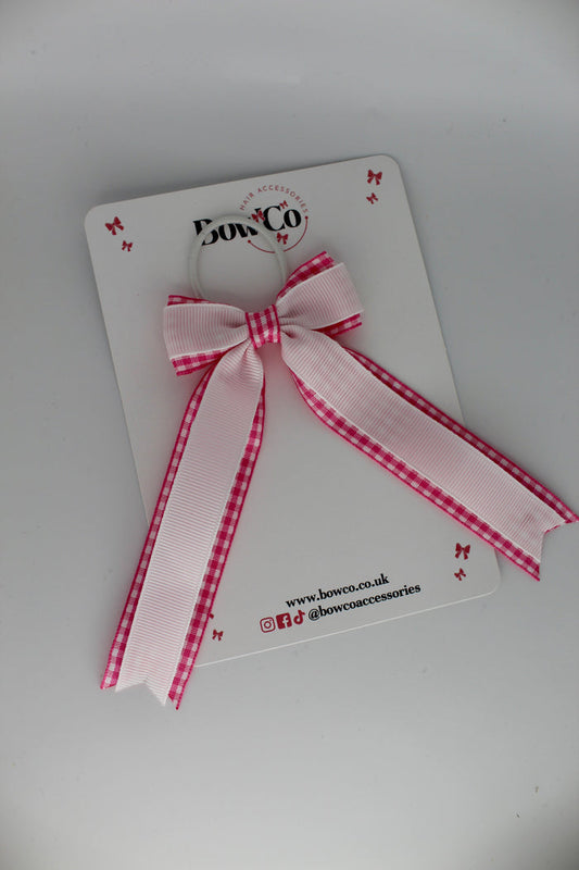 Tuxedo Tail Bow - School Bow Pink Gingham - Elastic