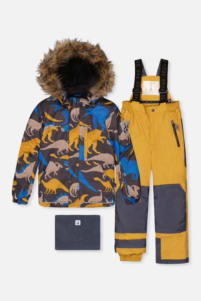 Two Piece Play Snowsuit Grey And Blue Dinosaur Print With Yellow Pants-0