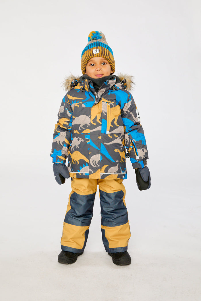 Two Piece Play Snowsuit Grey And Blue Dinosaur Print With Yellow Pants-1