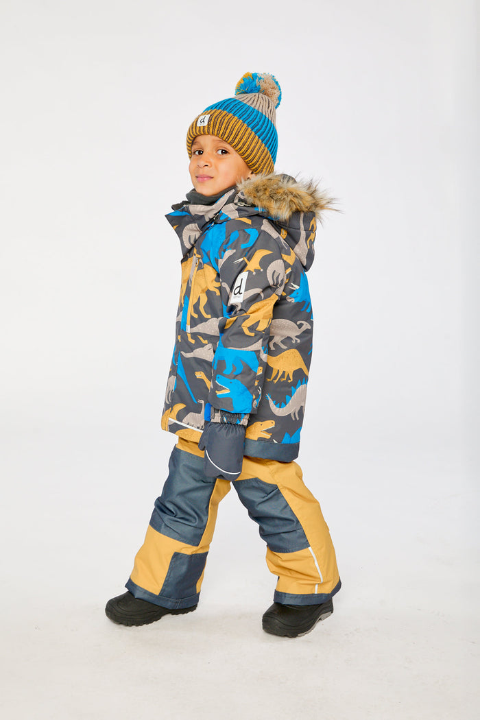 Two Piece Play Snowsuit Grey And Blue Dinosaur Print With Yellow Pants-2