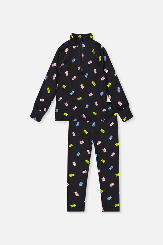 Two Piece Thermal Underwear Black Printed Gummy Bears-0