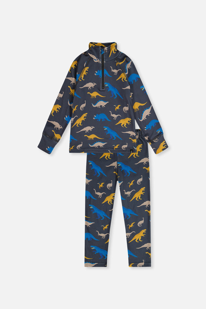 Two Piece Thermal Underwear Grey And Blue Dinosaur Print-0