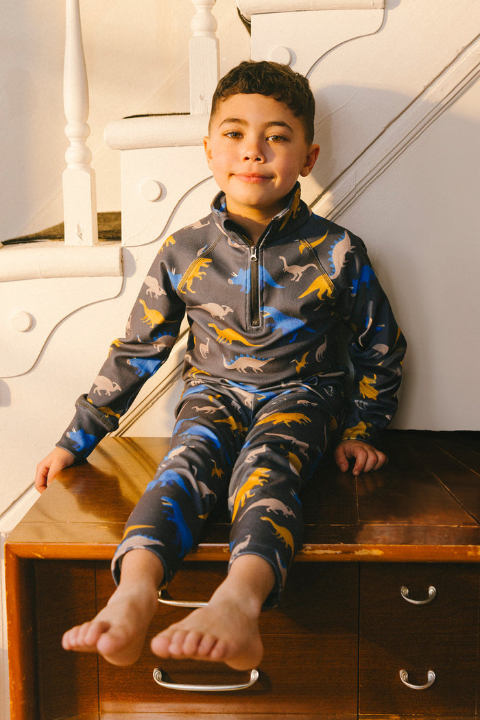 Two Piece Thermal Underwear Grey And Blue Dinosaur Print-1