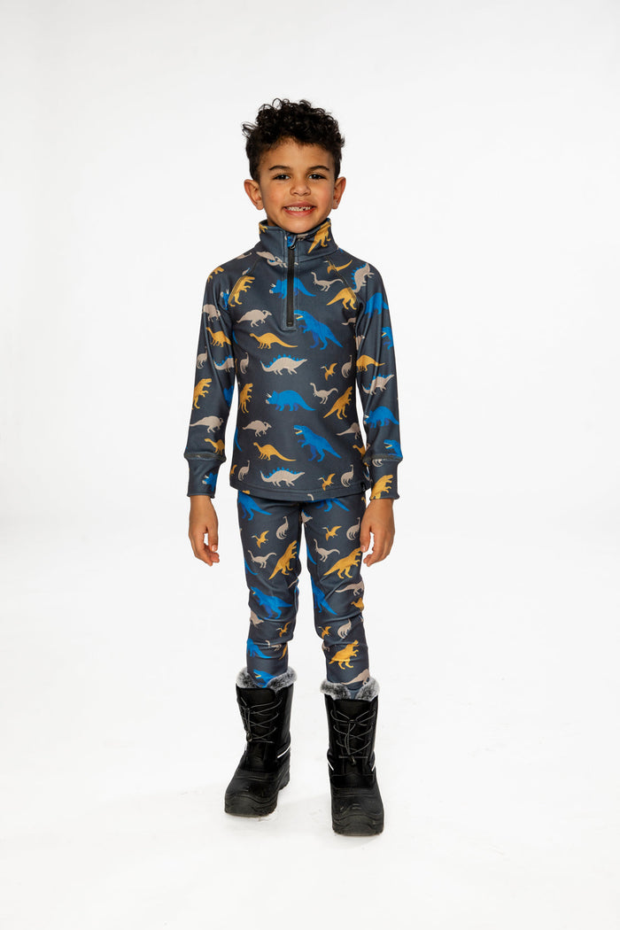 Two Piece Thermal Underwear Grey And Blue Dinosaur Print-2