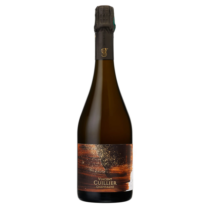 Champagne bottle with Vincent Cuillier label and dark amber glass
