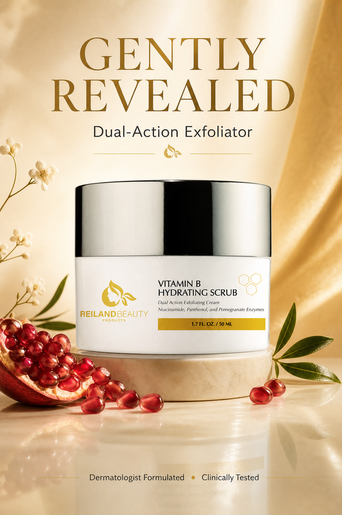 Reiland Vitamin B Hydrating Scrub jar with silver lid on a gold marble stand, surrounded by pomegranate seeds — dermatologist-formulated dual-action exfoliator