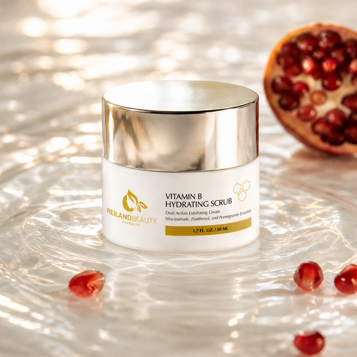 Reiland Vitamin B Hydrating Scrub jar with silver lid on a reflective surface, surrounded by fresh pomegranate seeds