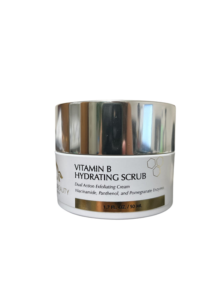 Reiland Vitamin B Hydrating Scrub jar with silver lid — niacinamide and pomegranate enzyme exfoliator
