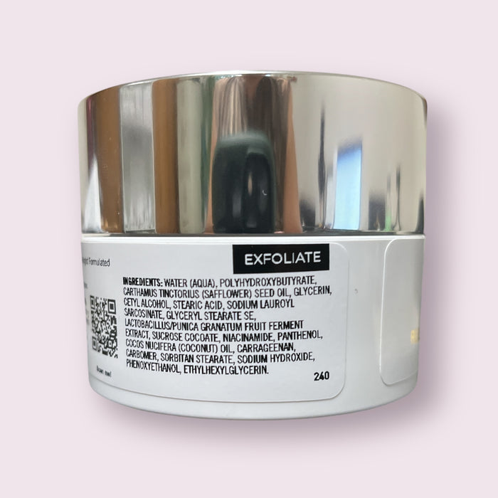 Reiland Vitamin B Hydrating Scrub ingredient list — niacinamide, panthenol, pomegranate ferment.