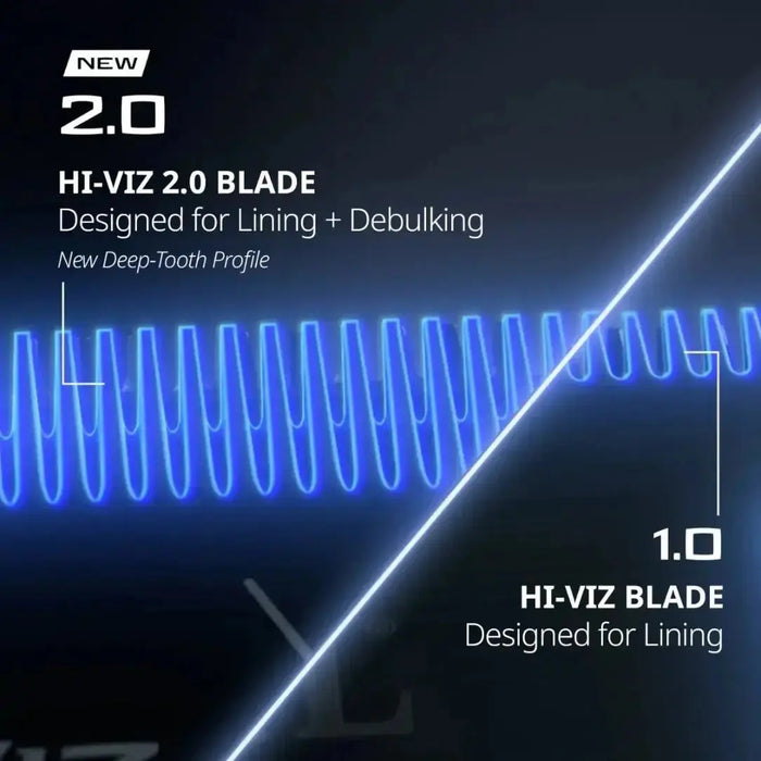 Hi-Viz Nightshade Comparison of HI-VIZ 2.0 Blade and 1.0 Blade with text on a dark background