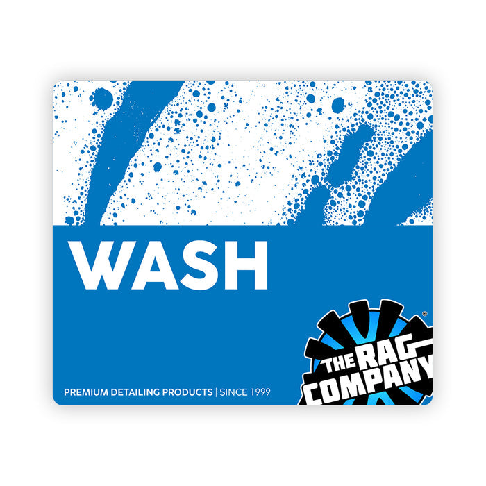 A graphic of soap suds that says 'Wash' with The Rag Company logo in the corner.
