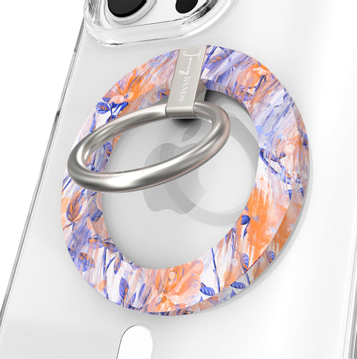 Where Dreams Bloom painterly floral MagSafe phone grip ring with periwinkle purple and orange impressionistic flowers compatible with iPhone and Samsung