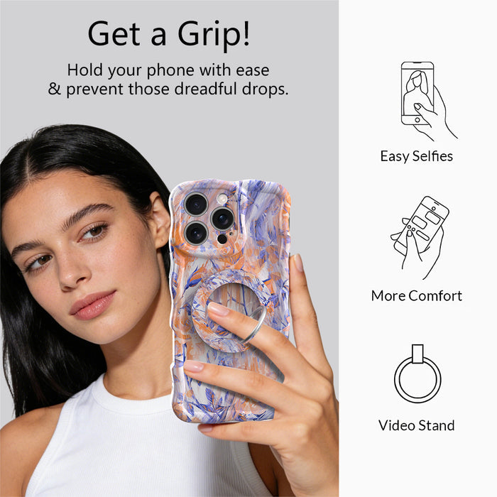 Where Dreams Bloom painterly floral MagSafe phone grip ring with periwinkle purple and orange impressionistic flowers compatible with iPhone and Samsung