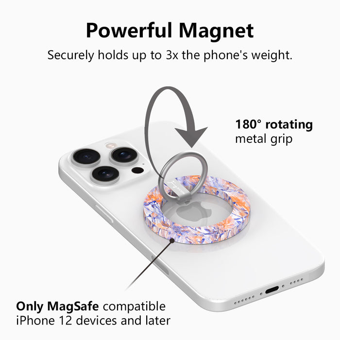 Where Dreams Bloom painterly floral MagSafe phone grip ring with periwinkle purple and orange impressionistic flowers compatible with iPhone and Samsung