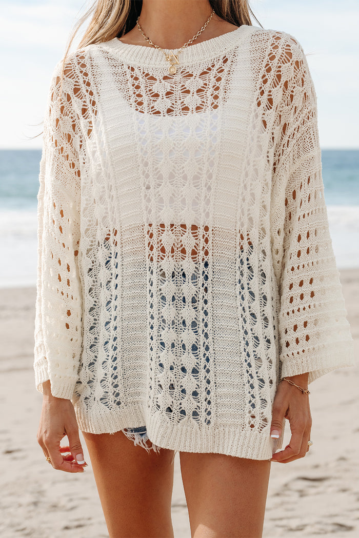 White Hollow Out Knit Bracelet Sleeve Drop Shoulder Sweater 🇨🇳