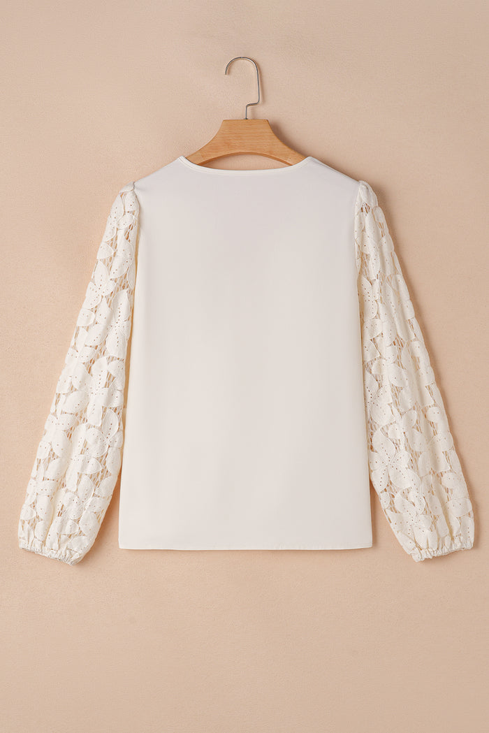 White Scalloped V Neckline Lace Hollowed Lantern Sleeve Blouse