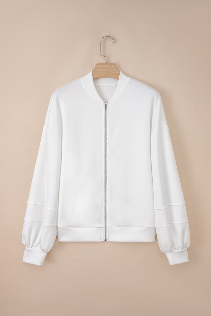 White Solid Color Zip Up Knit Puff Sleeve Jacket 🇺🇸