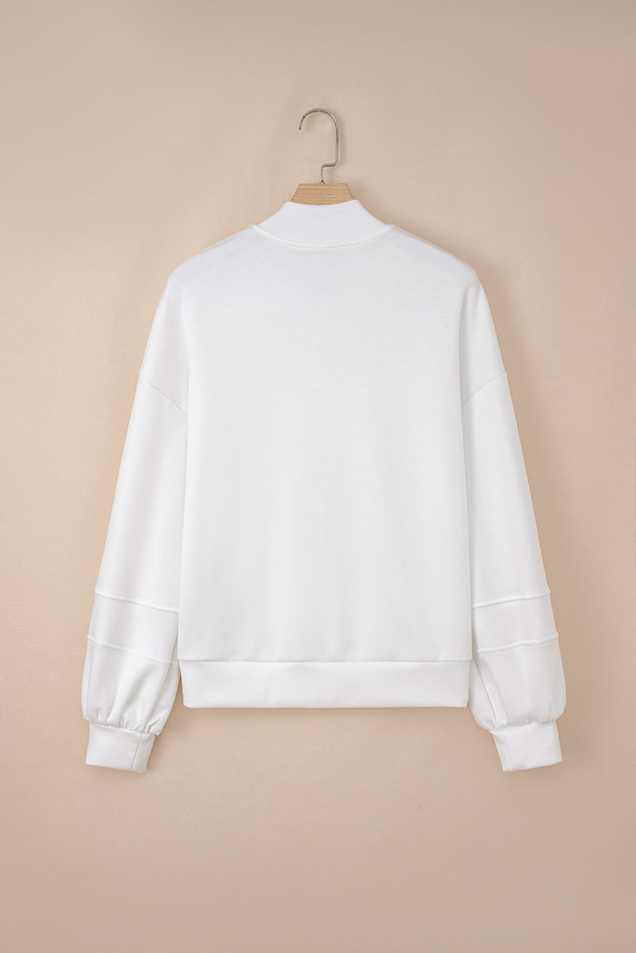 White Solid Color Zip Up Knit Puff Sleeve Jacket 🇺🇸