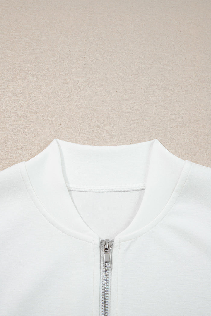White Solid Color Zip Up Knit Puff Sleeve Jacket 🇺🇸