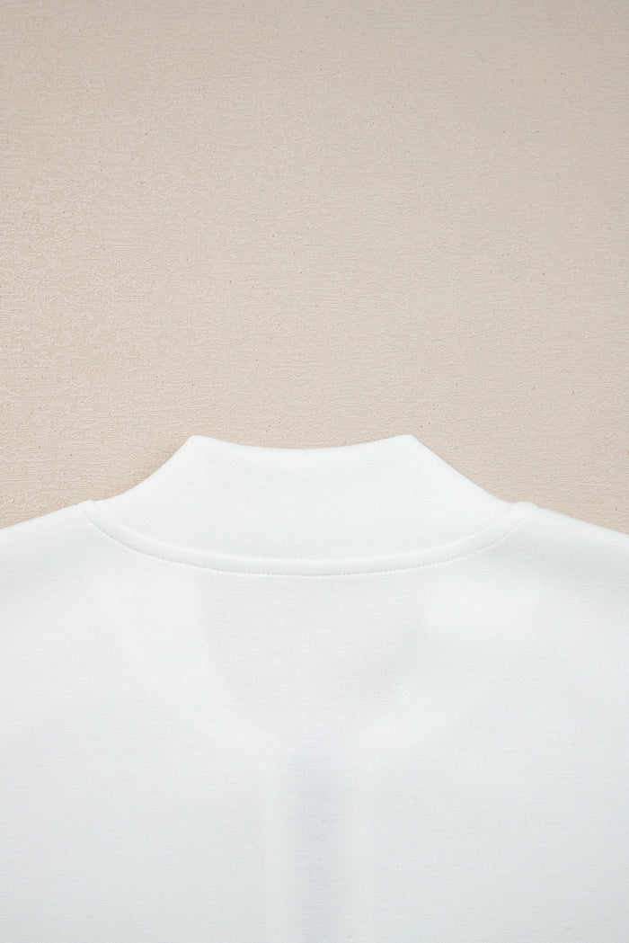 White Solid Color Zip Up Knit Puff Sleeve Jacket 🇺🇸
