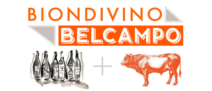 Wine tasting event logo with wine bottles and orange cow graphic