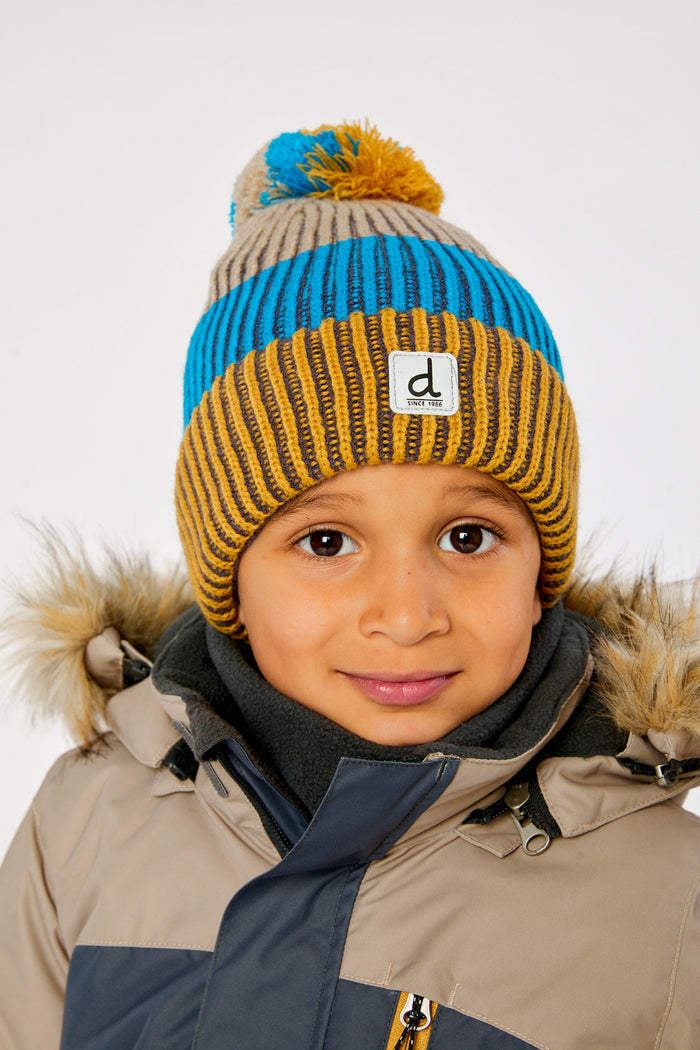 Winter Knit Hat With Pompom Blue And Yellow-1