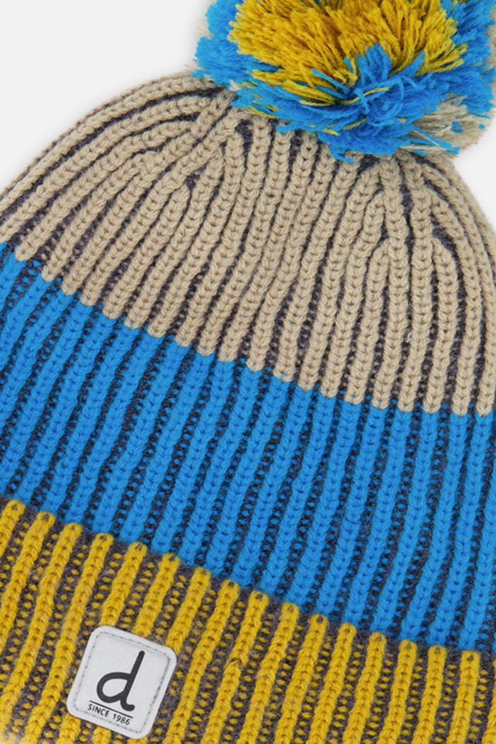 Winter Knit Hat With Pompom Blue And Yellow-3