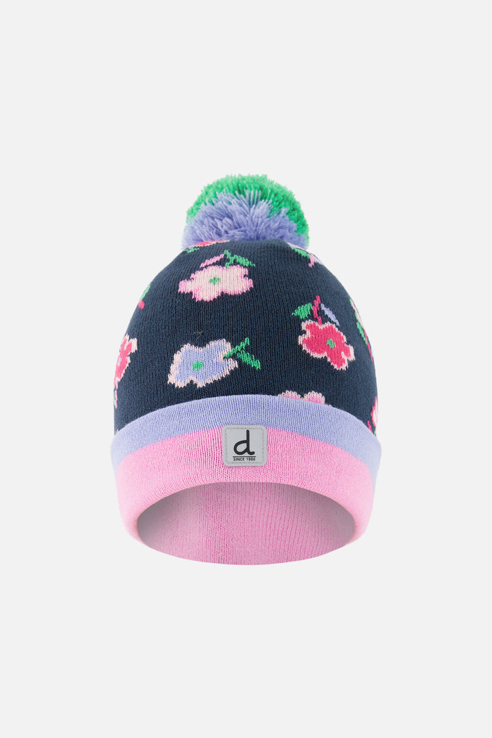 Winter Knit Hat With Pompom Blue Floral Print-0