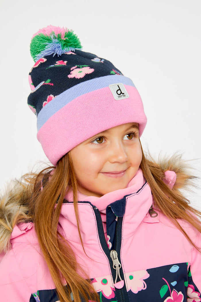 Winter Knit Hat With Pompom Blue Floral Print-1