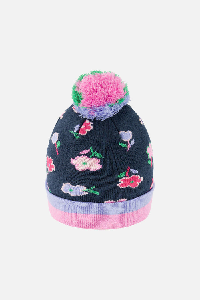 Winter Knit Hat With Pompom Blue Floral Print-2