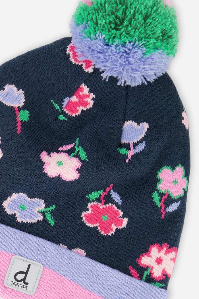 Winter Knit Hat With Pompom Blue Floral Print-3
