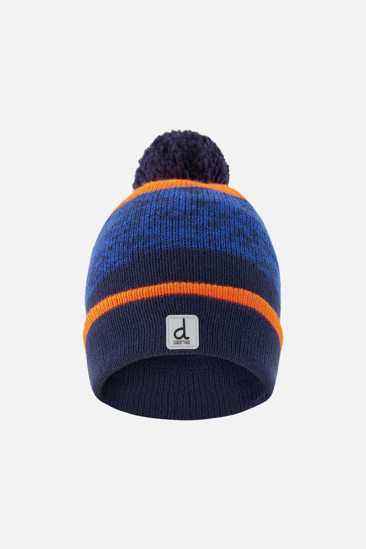 Winter Knit Hat With Pompom Color Block Orange And Blue-0