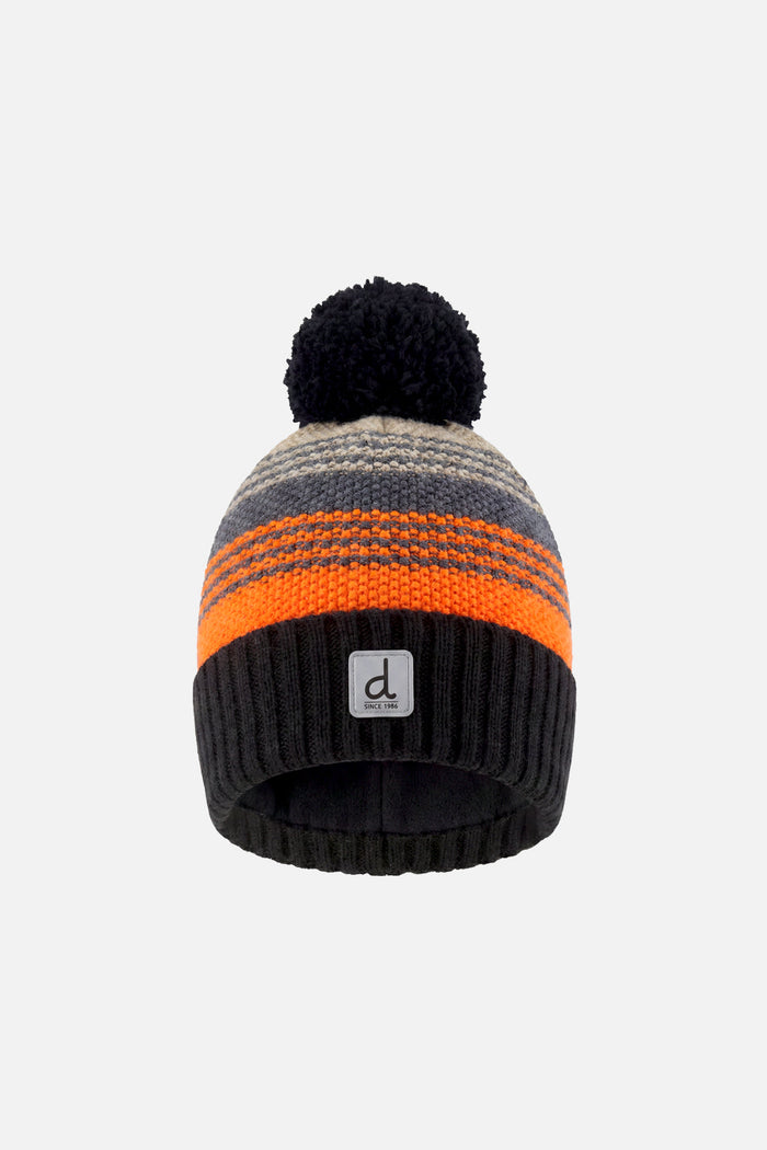 Winter Knit Hat With Pompom Grey And Orange Stripes-0