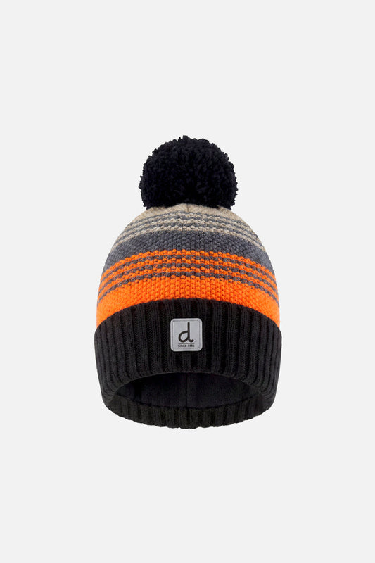 Winter Knit Hat With Pompom Grey And Orange Stripes-0