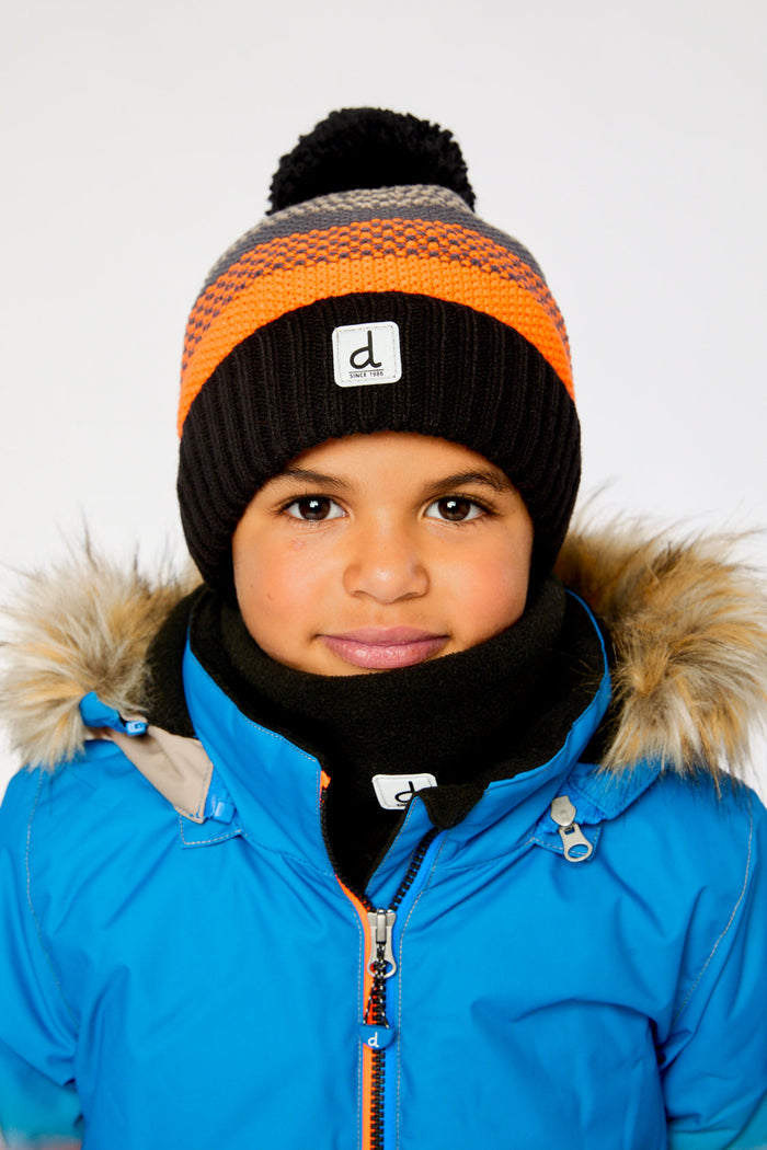Winter Knit Hat With Pompom Grey And Orange Stripes-1