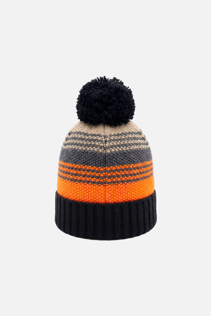 Winter Knit Hat With Pompom Grey And Orange Stripes-2