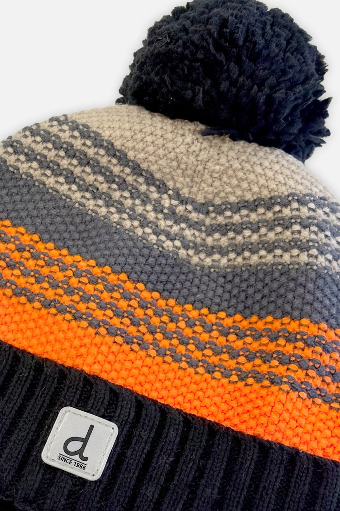 Winter Knit Hat With Pompom Grey And Orange Stripes-3
