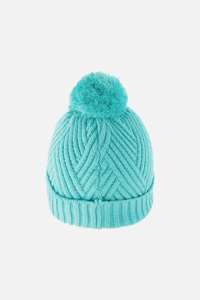 Winter Knit Hat With Pompom Turquoise Blue-2