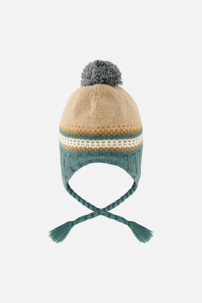 Winter Peruvian Knit Hat With Pompom Beige And Green Jacquard-2