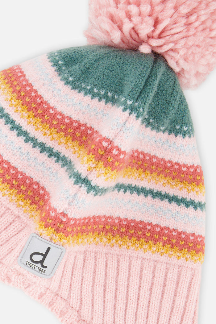 Winter Peruvian Knit Hat With Pompom Pink And Green Jacquard-3