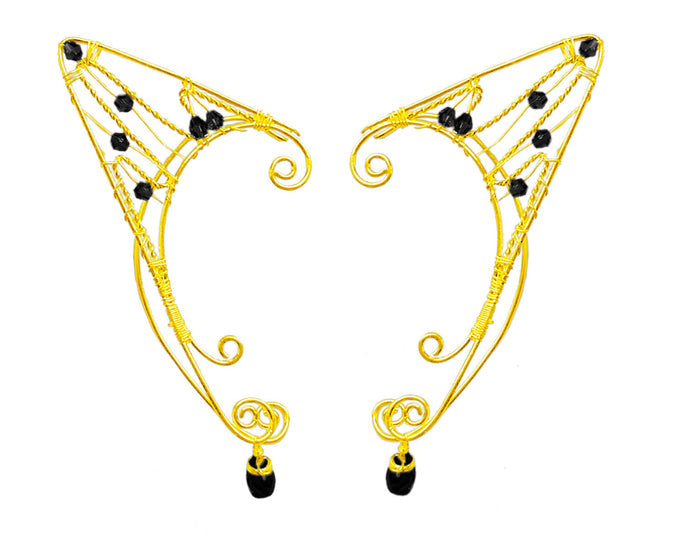 Gold wire elf ear cuffs with black beads fantasy elven ear wrap jewelry pair