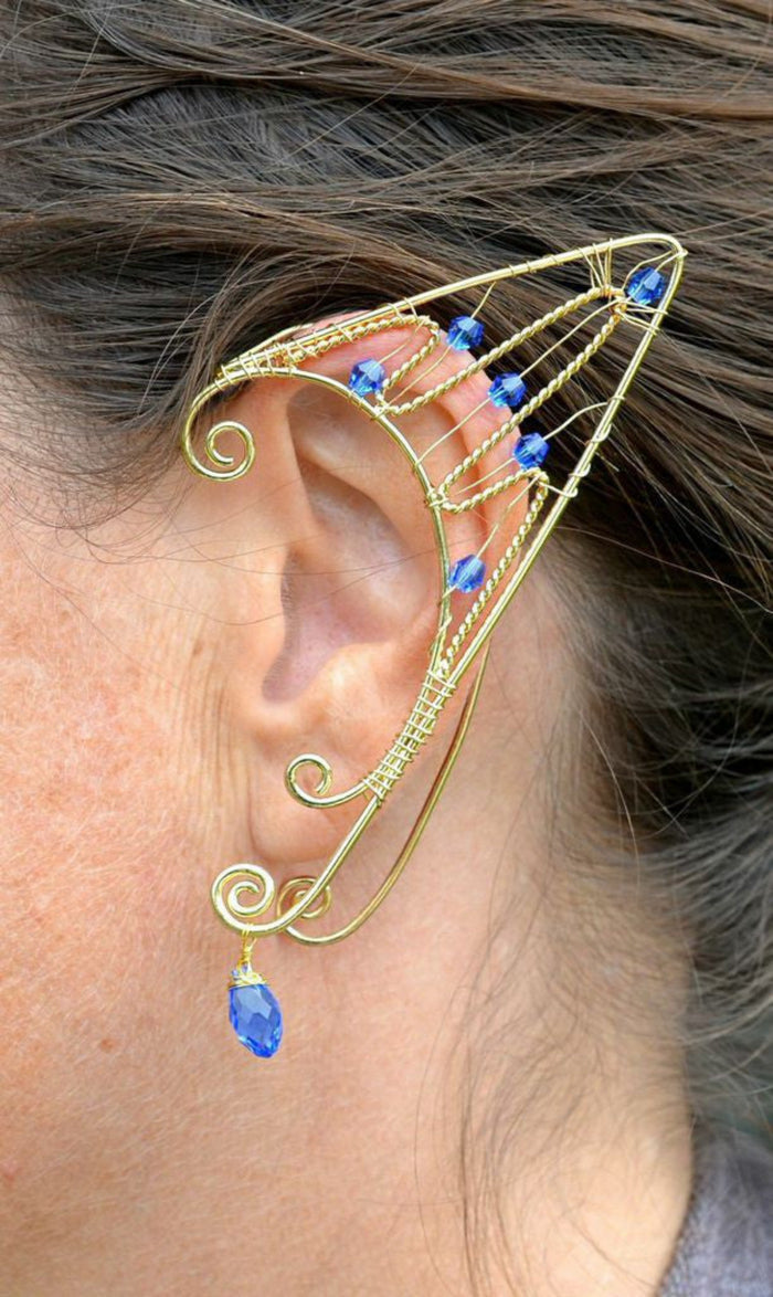 Gold wire elf ear cuff with blue beads fantasy elven ear wrap jewelry worn on ear