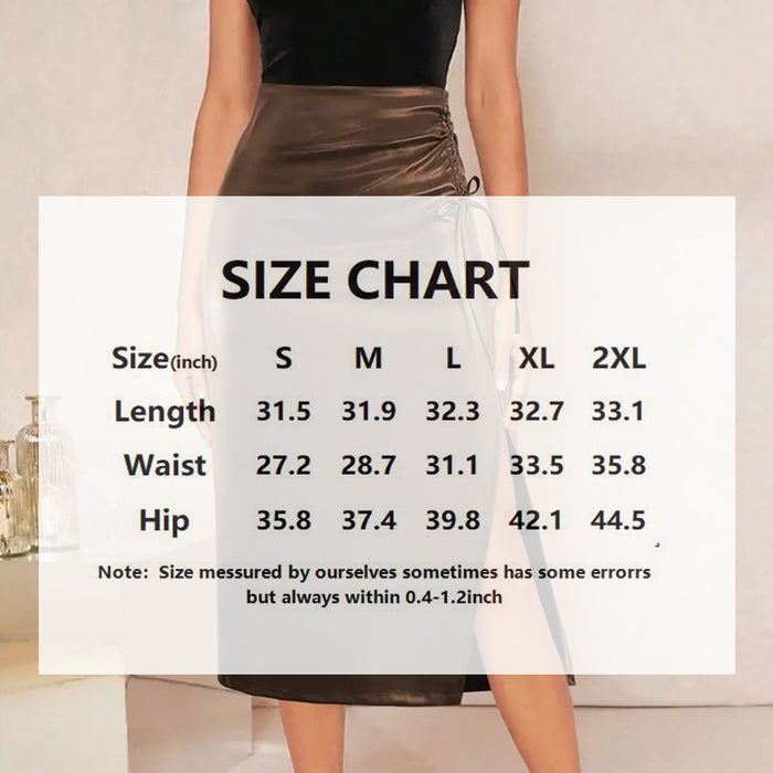 Women's Solid Color PU Leather Pencil Skirt, Drawstring Waist Bodycon Midi Skirt With Slit Hem