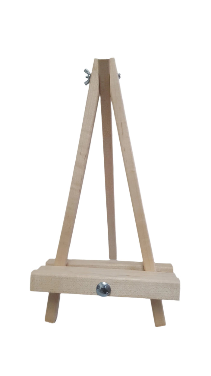 A small wooden table easel designed for displaying small art pieces or used as a stand for painting canvases.