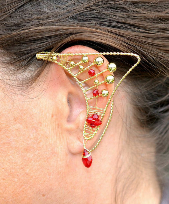 Gold elf ear cuff with red beads fantasy elven ear wrap jewelry worn on ear