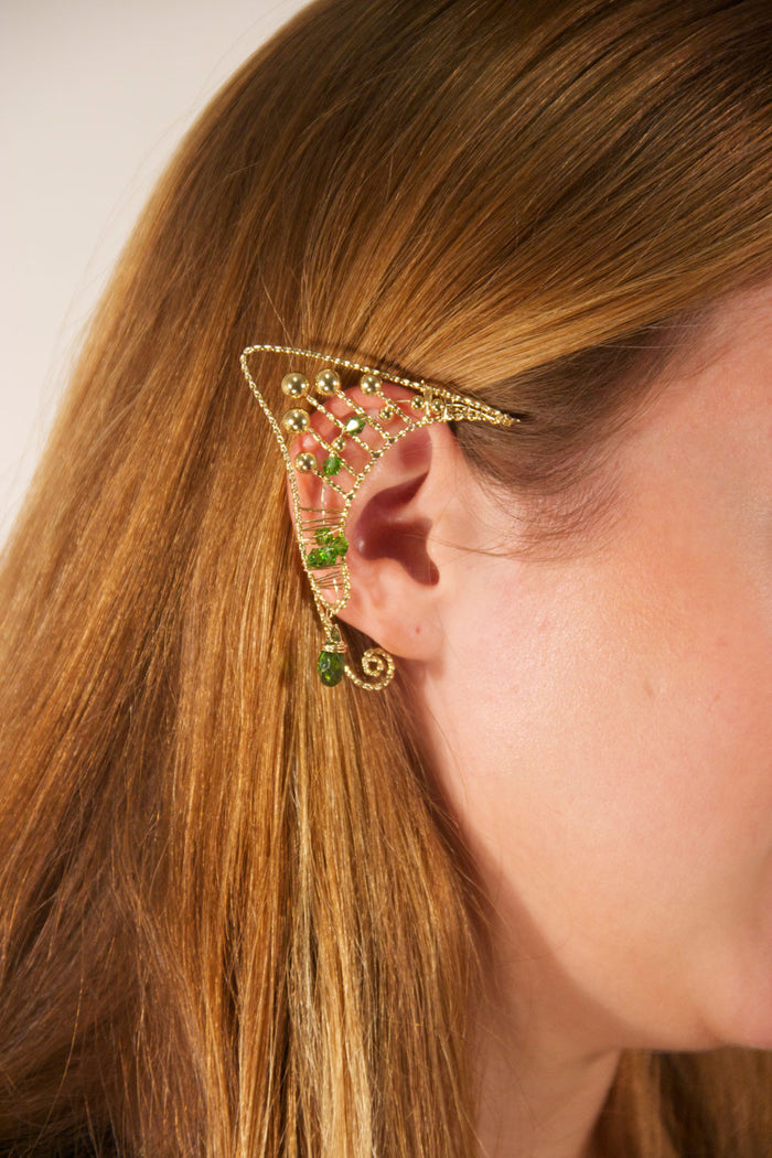 Model wearing Woven Bead Elf Ear Cuffs - Gold Lightweight Adjustable Jewelry