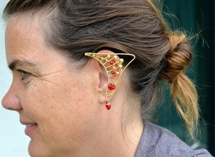 Model wearing Woven Bead Elf Ear Cuffs - Gold Lightweight Adjustable Jewelry